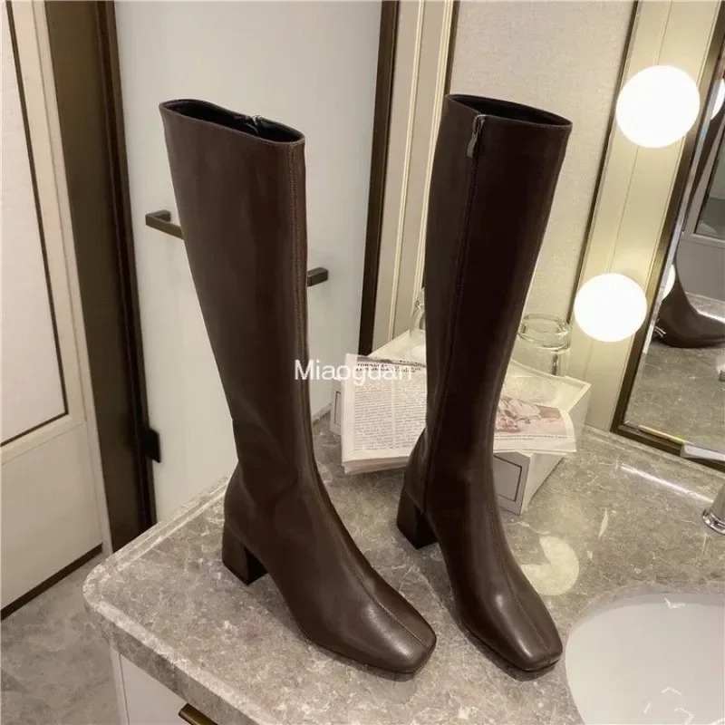 Womens Warm Boots Womens Knee High Boots Womens Shoe Platforms Thick Boots PU Leather Soft Zipper Womens Fashion Winter 241007