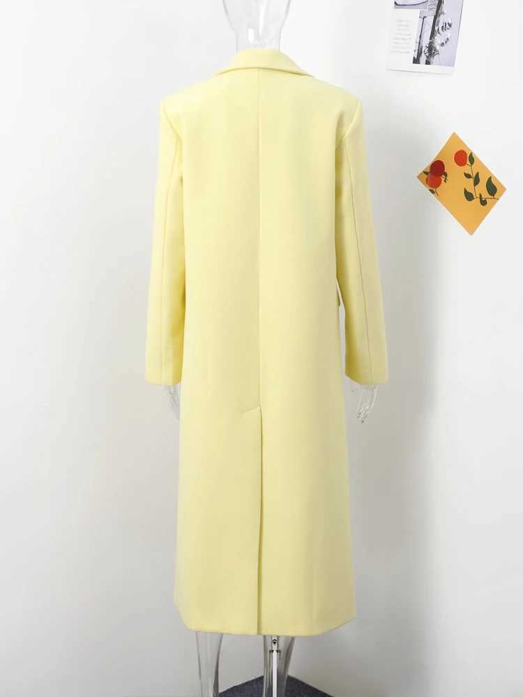 Fashion Yellow Woolen Long Coats For Women Loose Lapel Long Sleeve One Button Solid Coat 2024 Autumn Winter Elegant StreetwearX241009