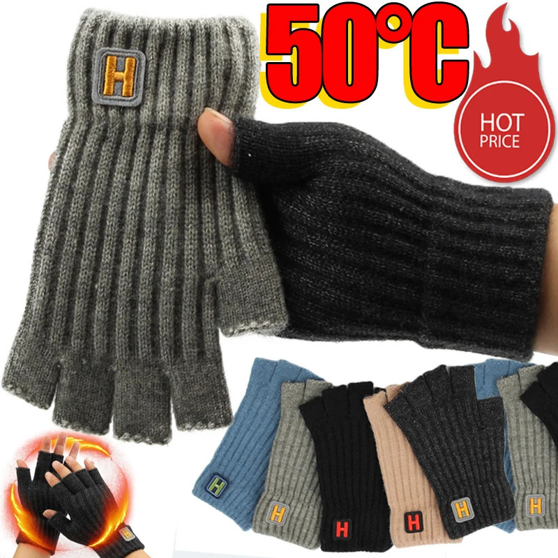 autumn and winter knitted warm half finger Hlabel gloves fashionable mens sports with sliding screen cold proof 241009