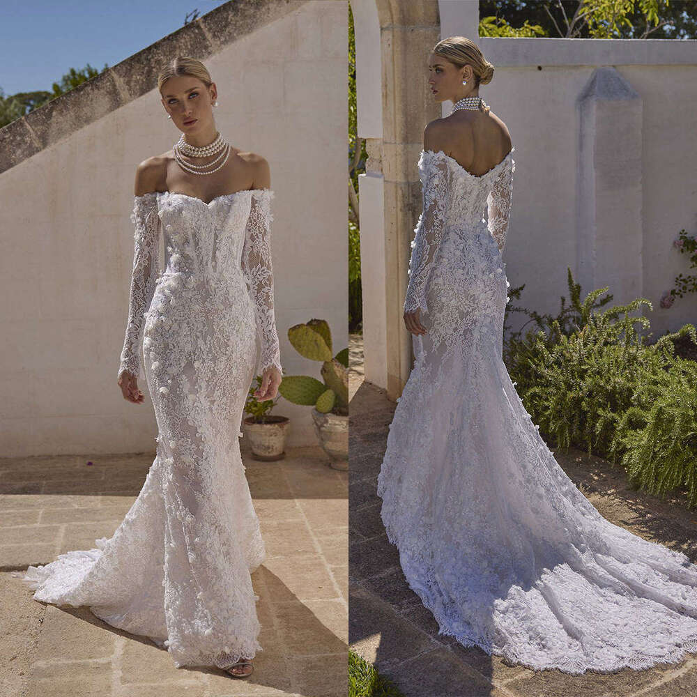 Illusion Wedding Dress Mermaid Strapless Appliques Lace Long Sleeve Or Length Princess Bride Vestido De Noiva Custom Made 0228Lz