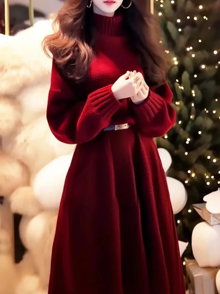 Retro long sleeved womens knitted sweater autumn solid color half neck thick dress 241007