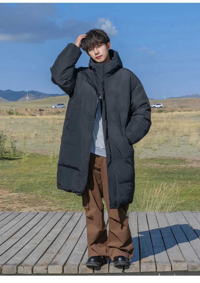 Thickened Standing Collar Solid Color Cotton Clothes Men Thickened Short Warm Adjustable Drawstring Bread Clothes Long Jacket LX241009