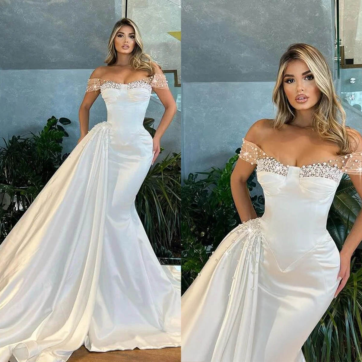 Vintage Mermaid Dresses Off Shoulder Sleeveless Wedding Dress Pearls Beaded Detachable Train Bridal Gown Custom Made