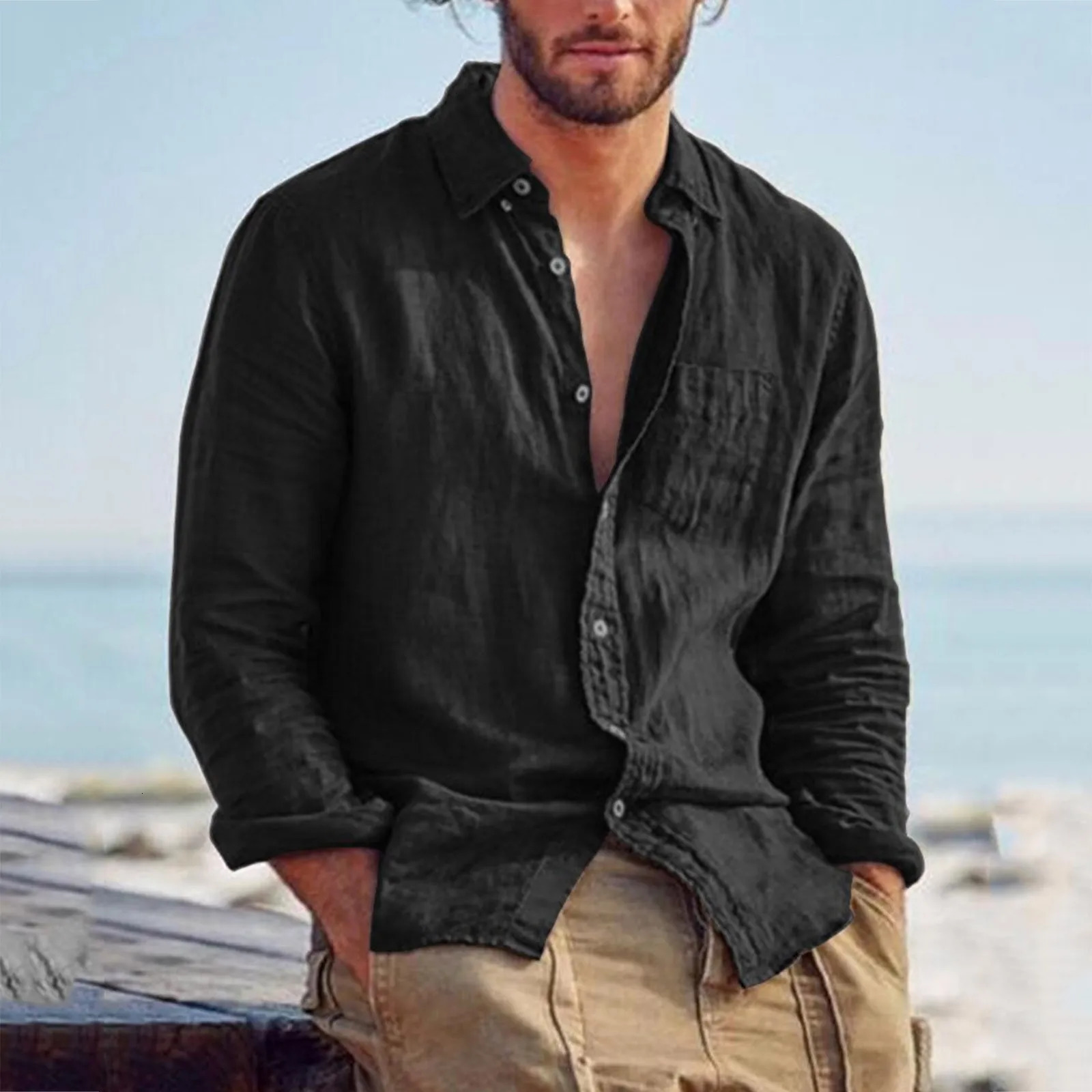 Mens green cotton linen casual shirt loose fitting long sleeved lapel Hawaiian shirt streetwear casual shirt 241009
