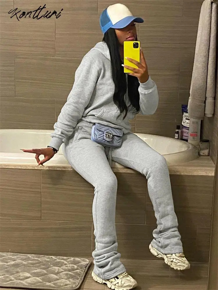 Kontturi Autumn Set Two Piece Womens Long Sleeve Black Hoodie Casual Pink Solid Shining Pants 240929