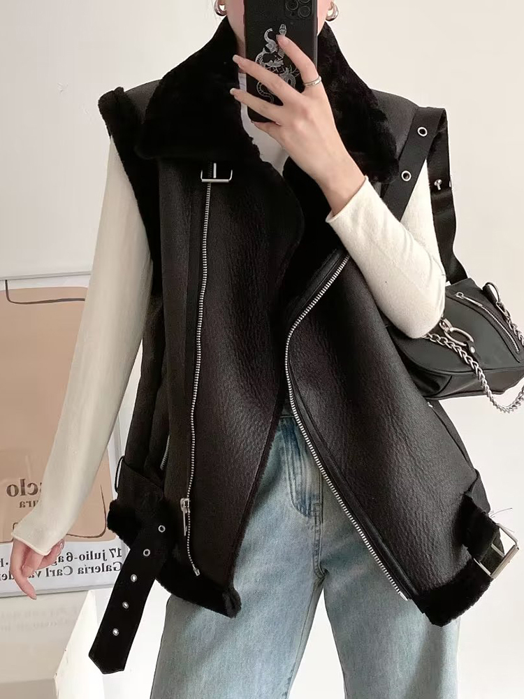 ZACK RAIN Women Khaki Faux Vest 2023 Winter Fashion Feamle Diagonal Zipper Leather Jacket Ladies Fake Fur Waistcoat