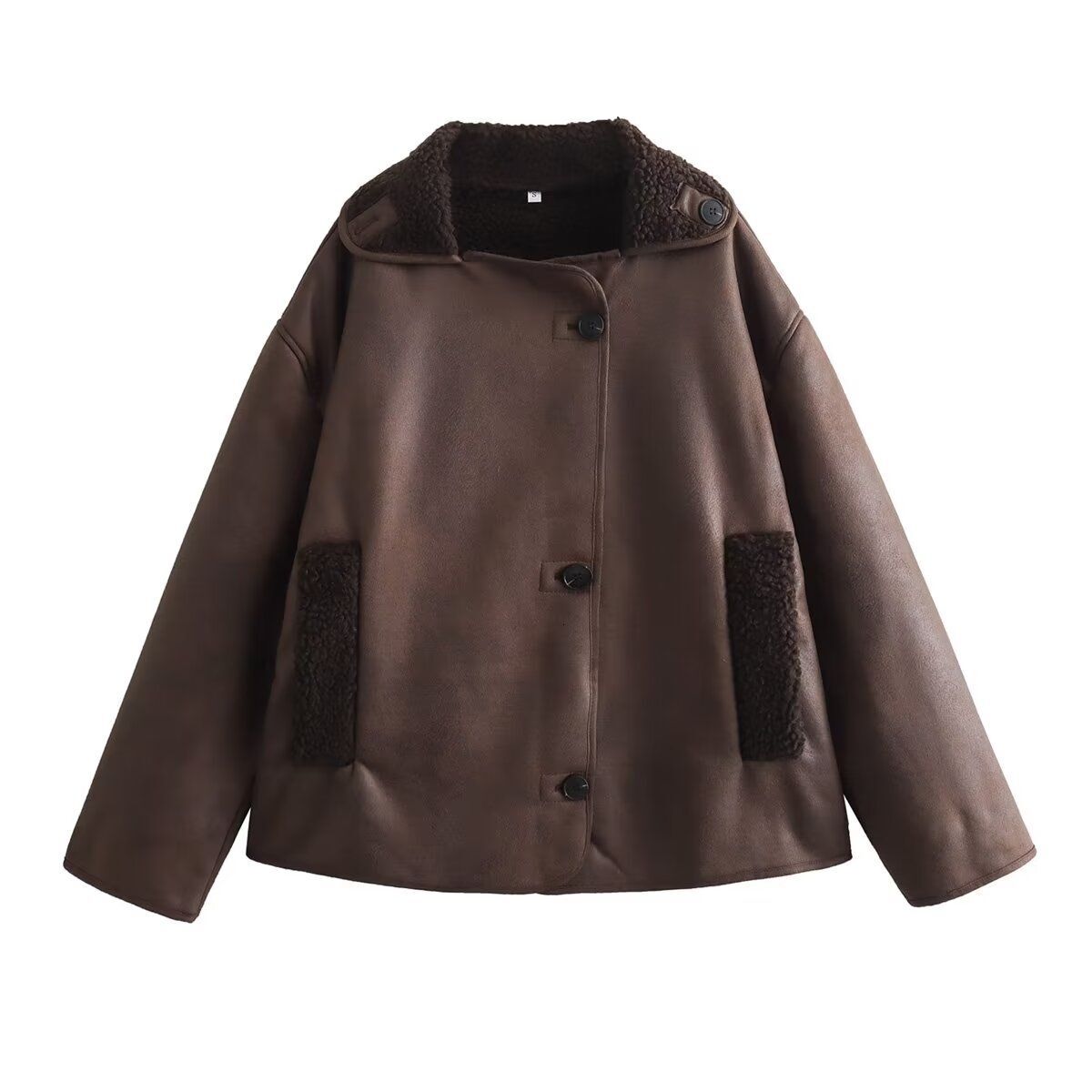 Vintage Women Dark Brown Faux Leather 2024 Fashion Spring Autumn Casual Commute Eastern Coat Button Pocketed Jacket