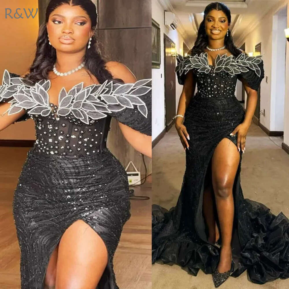 R&W 2024 Plus Size Black Prom Evening Dresses Formal Gowns For Women Off Shoulder ra Beaded Lace Side Split Birthday Dress Second Reception Gown AM137