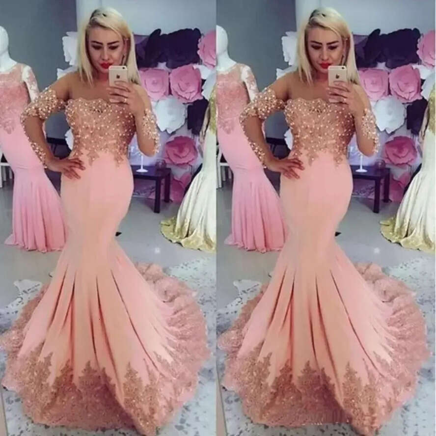 Dresses With Prom Mermaid Gold Lace Applique Beaded Off The Shoulder Long Sleeves Crystals Custom Made African Evening Gown Formal Ocn Wear Vestidos