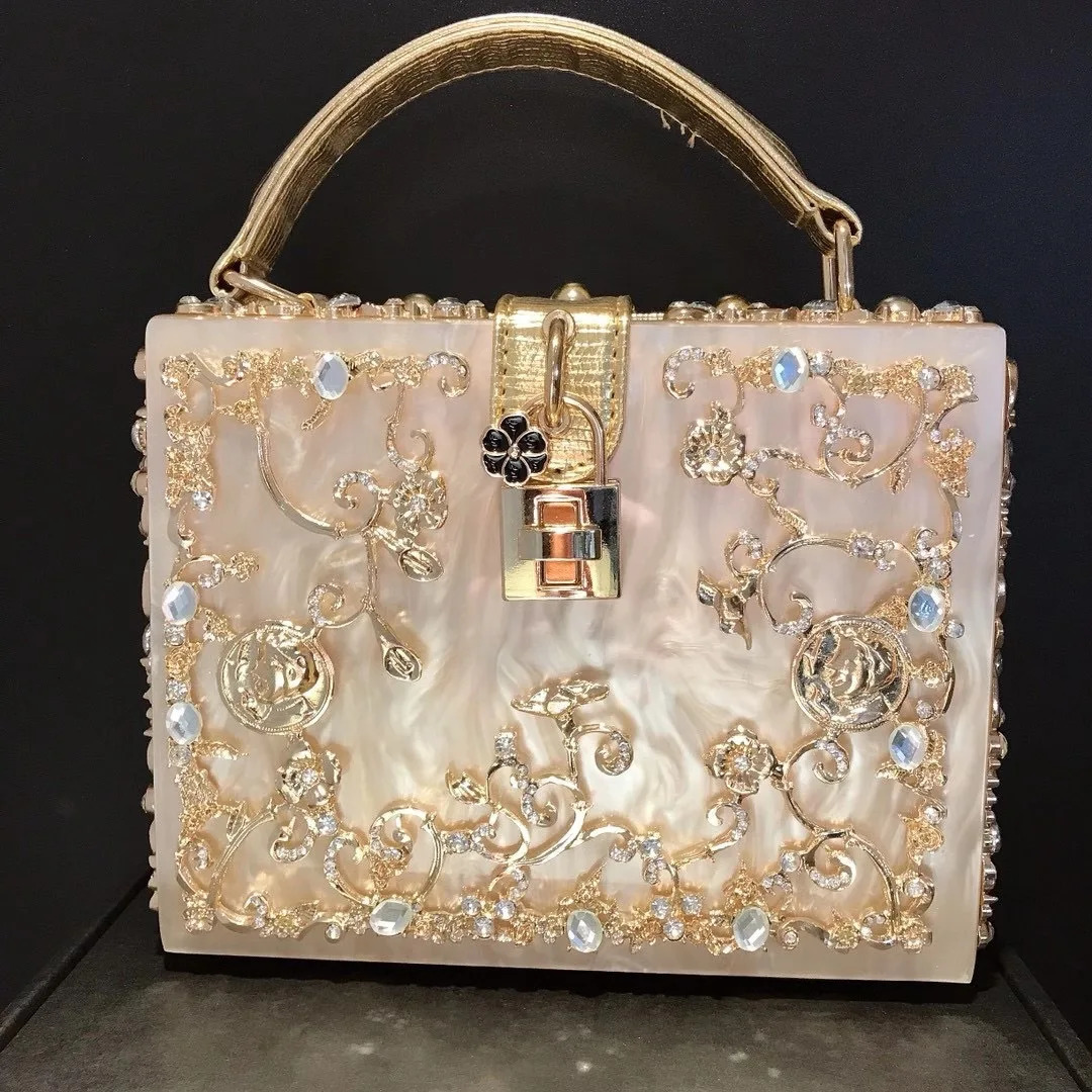 High end crystal evening bag for women hollow outer metal carving wer dia handbag box fashionable shoulder cross shaped 241008