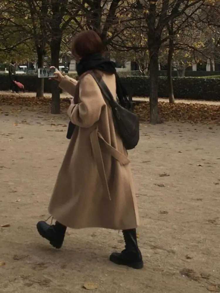 Korean Style Office Lady Woolen Jackets 2024 Autumn And Winter Lapel Single Breasted Loose Lace Up Long Womens Wool CoatsX241009