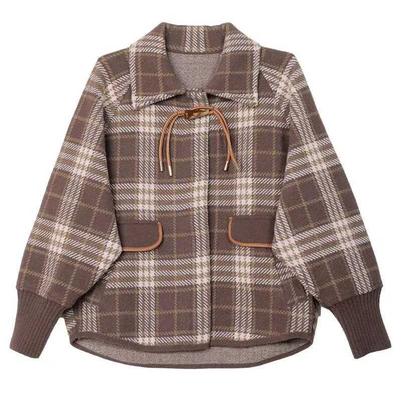 Join Together Womens Woolen Coat 2024 Spring Autumn New Korean Loose Short Jacket Plaid Outerwear Fashion Wool Coats Lady 4XLX241009