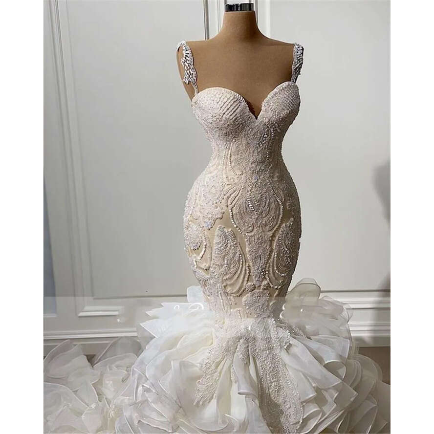 Ruffles Mermaid 2022 Long Dresses Crystals Beaded Lace Appliqued Gorgeous Wedding Gowns Straps Sweetheart Neck Lace-Up Custom Made Bride Dress -Up
