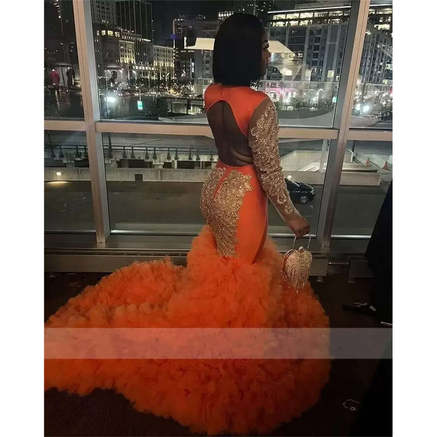 Ebi Orange Aso Style Mermaid African Prom Dresses For Black Girls Golden Beading Rhie Ruffles Party Dress Robe De