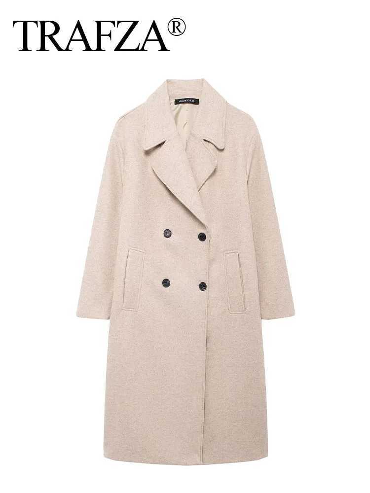 TRAFZA Woman Winter Warm Long Outwear Chic Elegant Women Solid Grey Long Sleeve Pockets Double Breasted Fake Woolen Coat 2024X241009