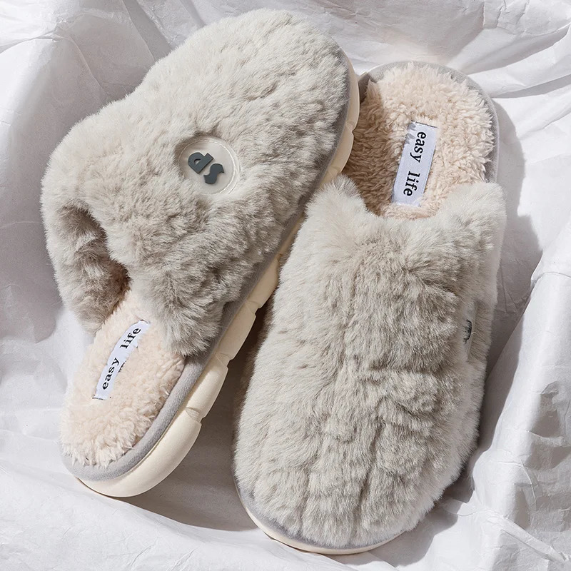 Winter indoor large-sized comfortable and warm cotton shoes soft fur solid color half pack household cotton slippers 241007