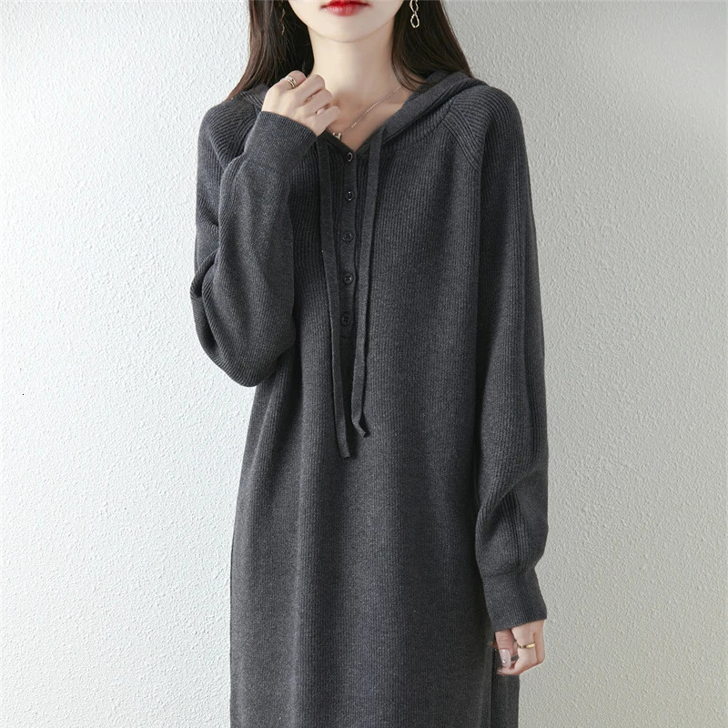 Hoodie knitted wool dress Womens AutumnWinter Style Loose hoodie Wearing a long coat 241007