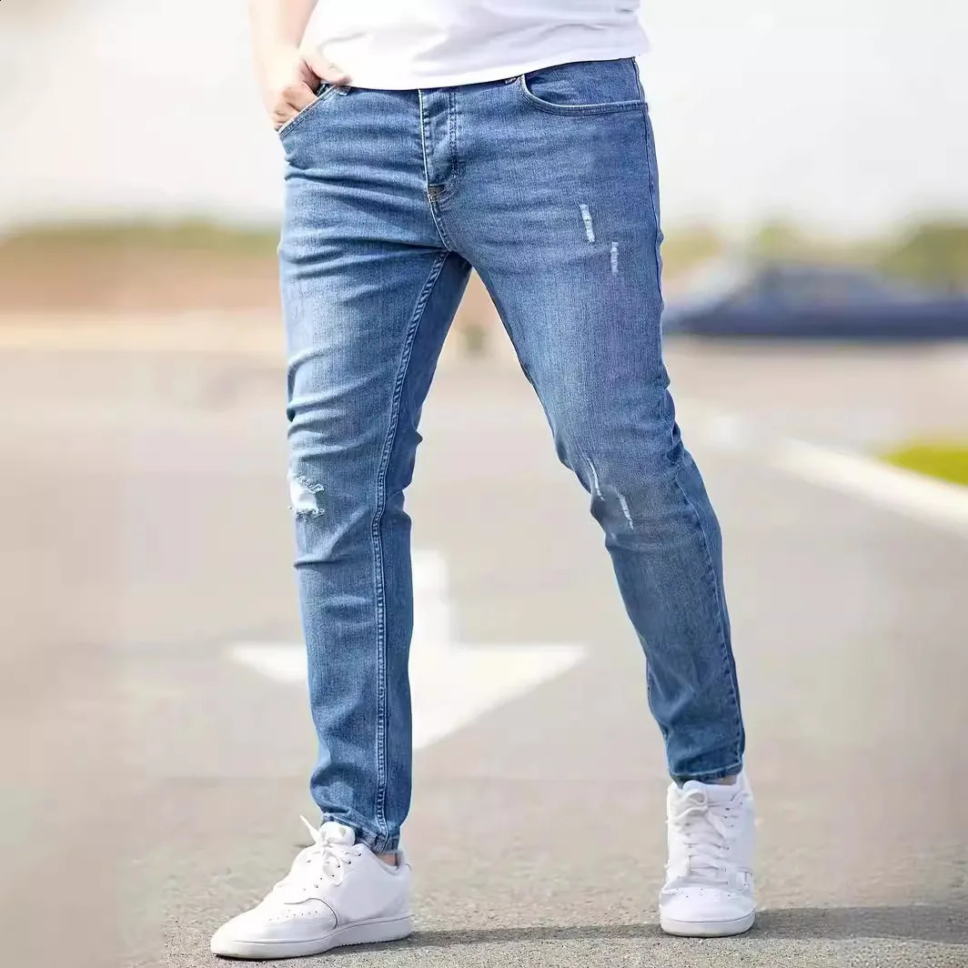 Cool mens jeans denim hole tight retro washed solid color pencil pants 2024 ankle long shoulder punk style pocket 240930