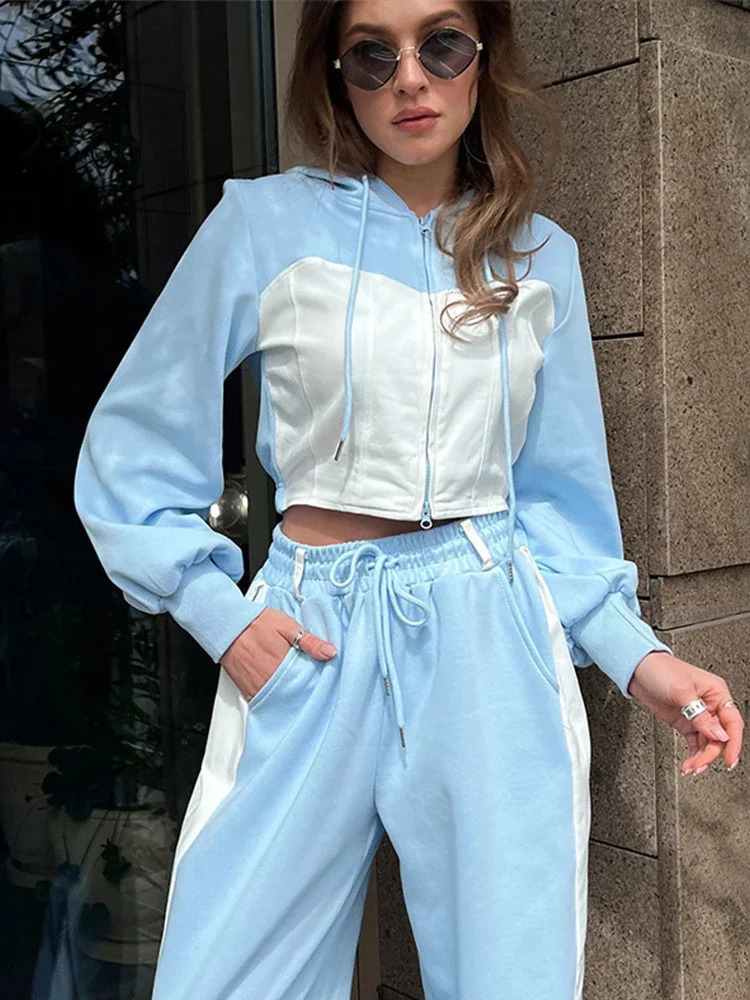 Casual Comparison Brushed Hoodie Set Womens Ultra Thin Zipper Crop Coat Loose Wide Leg Pants Autumn Track and Field Wear 241007