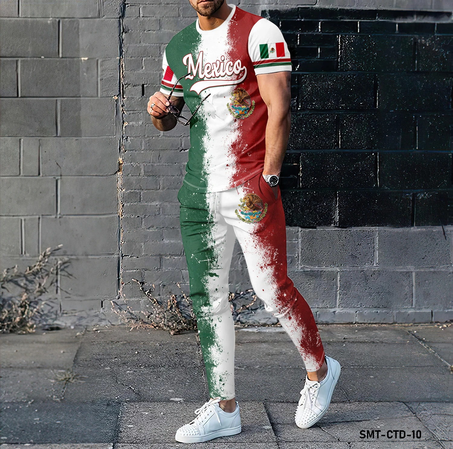 high-quality 3D Mexican eagle round neck short sleeved T-shirt long pants street two-piece sports shirt set 241009