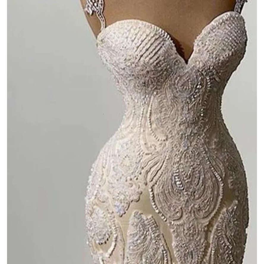 Ruffles Mermaid 2022 Long Dresses Crystals Beaded Lace Appliqued Gorgeous Wedding Gowns Straps Sweetheart Neck Lace-Up Custom Made Bride Dress -Up