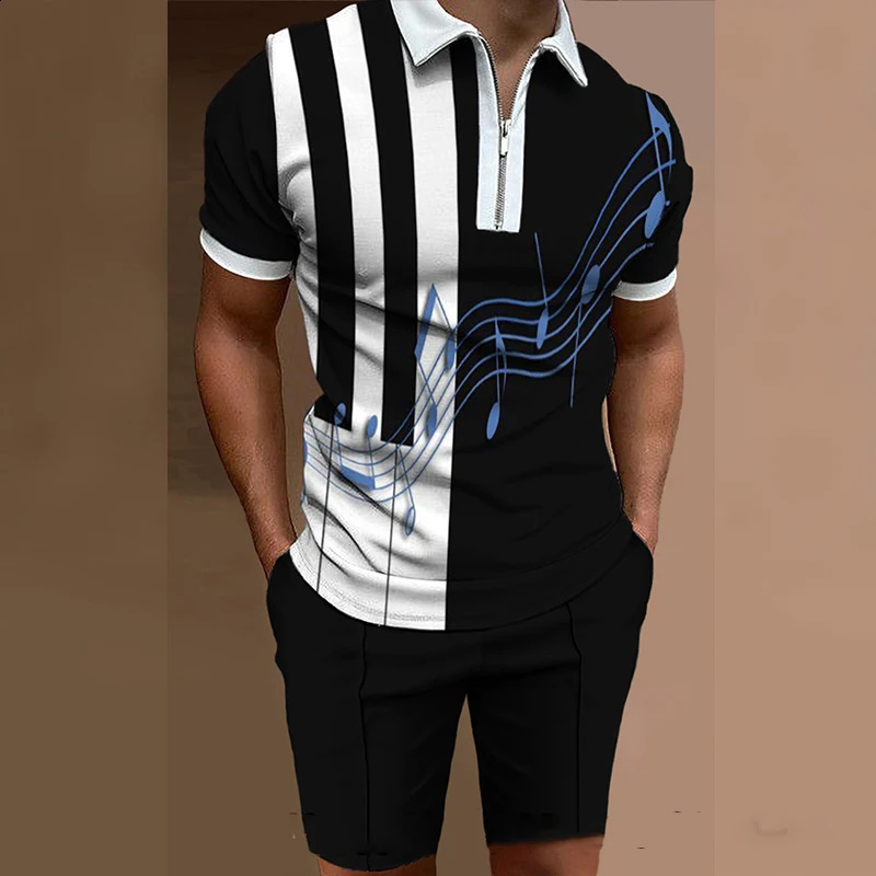 Summer beach element pattern printed mens sportswear set casual zipper polo shirt and shorts 2-piece set vacation party mens clothing 240930