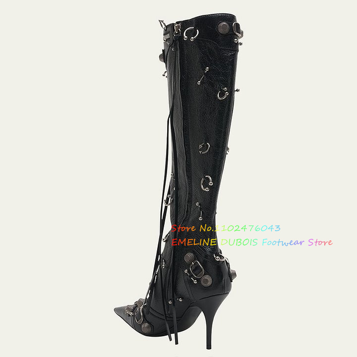 Pointed Toe Studded Buckled Knee High Boots Ring-Piercing Embellishment Side Zippers Black Chic Long Booties For Ladies