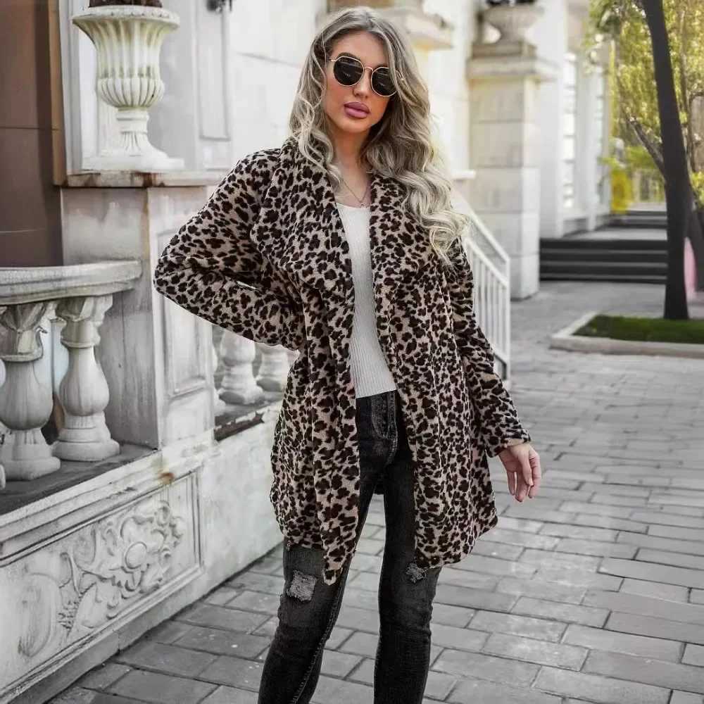 Leopard Print Woolen Coats Mid Length Fashion Casual Jackets Comfortable Long Sleeves Streetwear Ladies Autumn WinterX241009