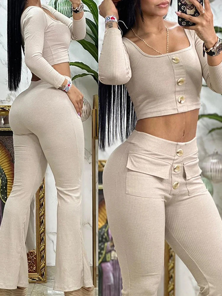 Elegant Womens 2piece Spring Autumn Fashion Square Neck Button Top Pocket n Flared Pants Set Tracksuits 241007