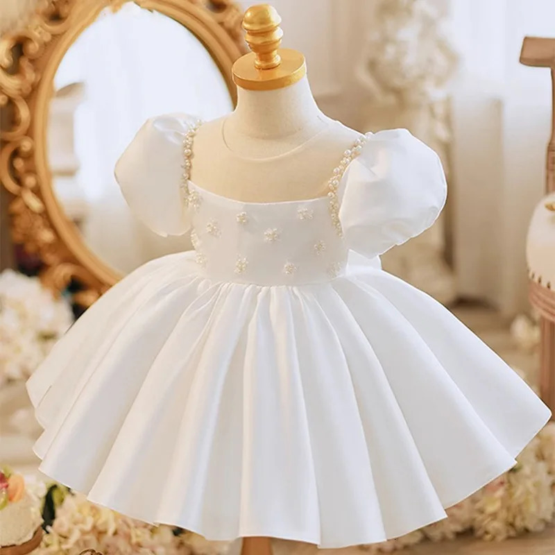 Preschool Baby Dress Bow Baptist Dress Girls 1st Birthday Party Wedding Bead Dress Formal Occasion Tutu Fluffy Dress 241008
