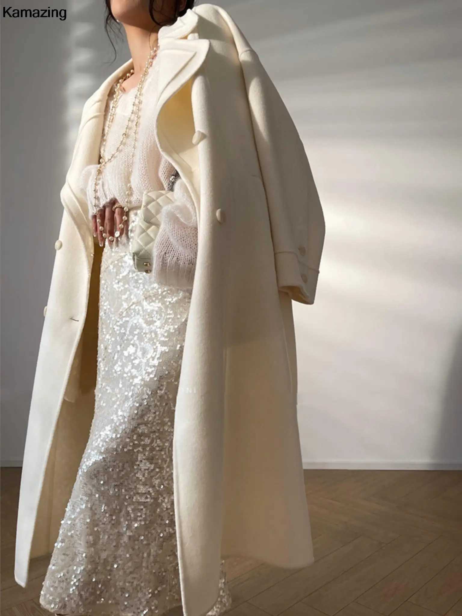 Elegant Woolen Long Coat Women New Fashion High Quality Spring Warm Solid Double Breasted Lapel Overcoat With Belt Female MujerX241009