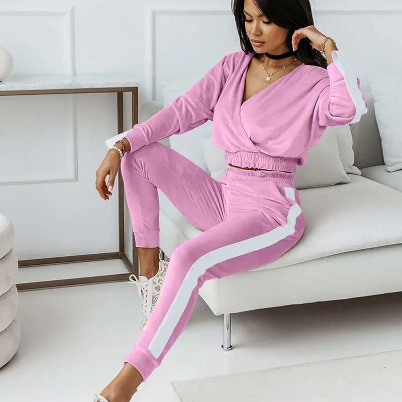 Womens 2piece Velvet Dress Autumn Side Striped Running Set Sportswear Long Sleeve Wrap Vneck Crop TopSports Pants 241007