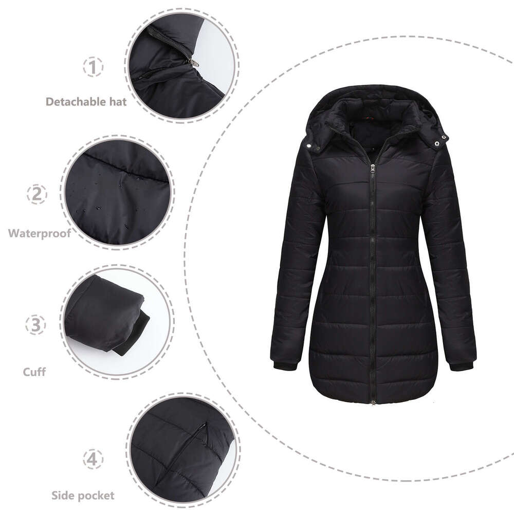 2024 New Waterproof with Detachable Hat Long Sleeve Style Overcoming Autumn and Winter Warm Cotton Coat for Women