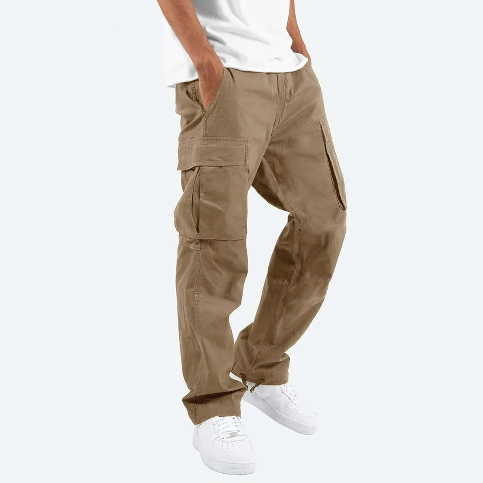 Mens Trousers Casual Slim Fit Cargo Pants Solid Color Pocket Straight Leg Work Long Bottom For Men Baggy Pantalones 241009