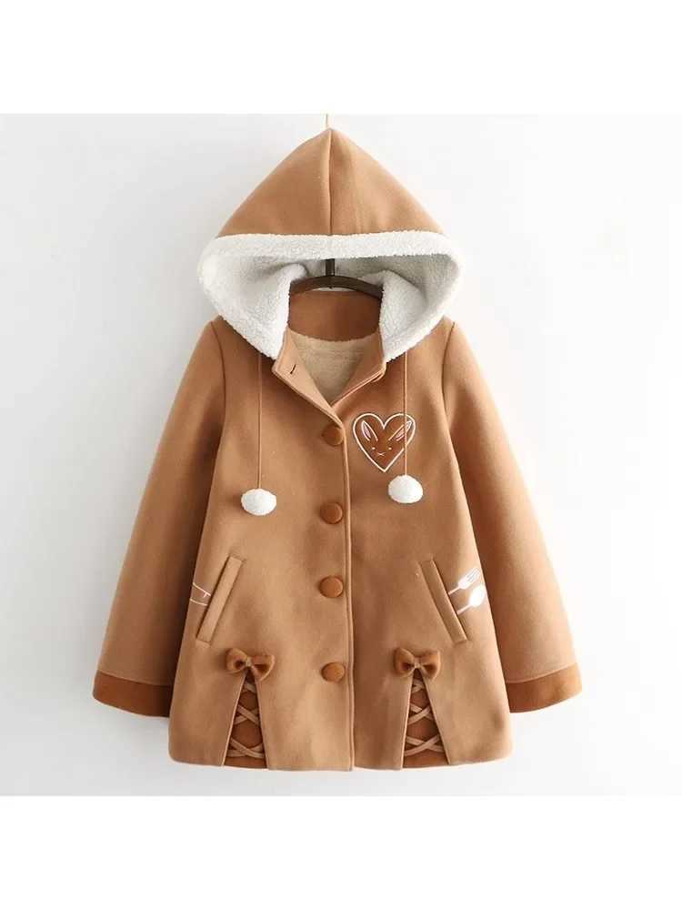 JK Mori Girl Cute Heart Embroidered Women Woolen Hooded Coat Winter Bow Sweet Kawaii Loose Brown Jackets Thick Warm OutwearX241009