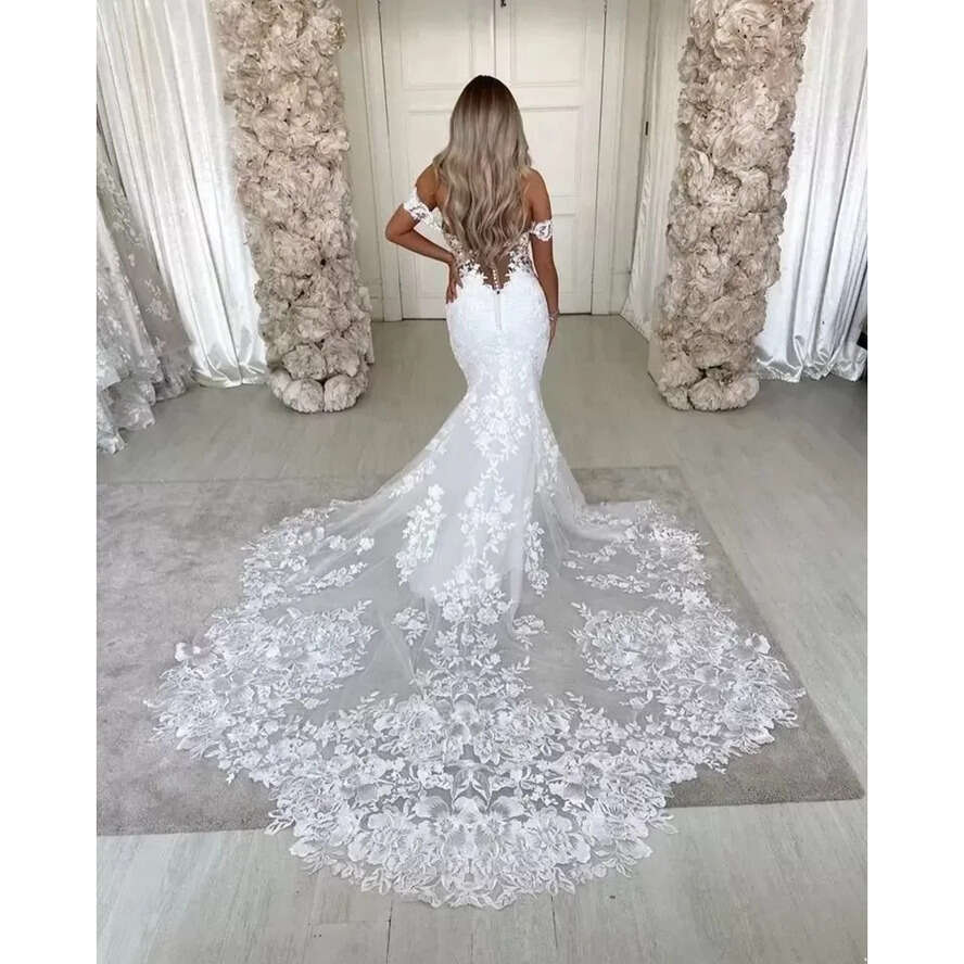 The Shoulder Off Elegant Mermaid Wedding Dresses Tulle Lace Applique Beach Bride Dress Chapel Train Boho Counrty Bridal Gowns Bc5088