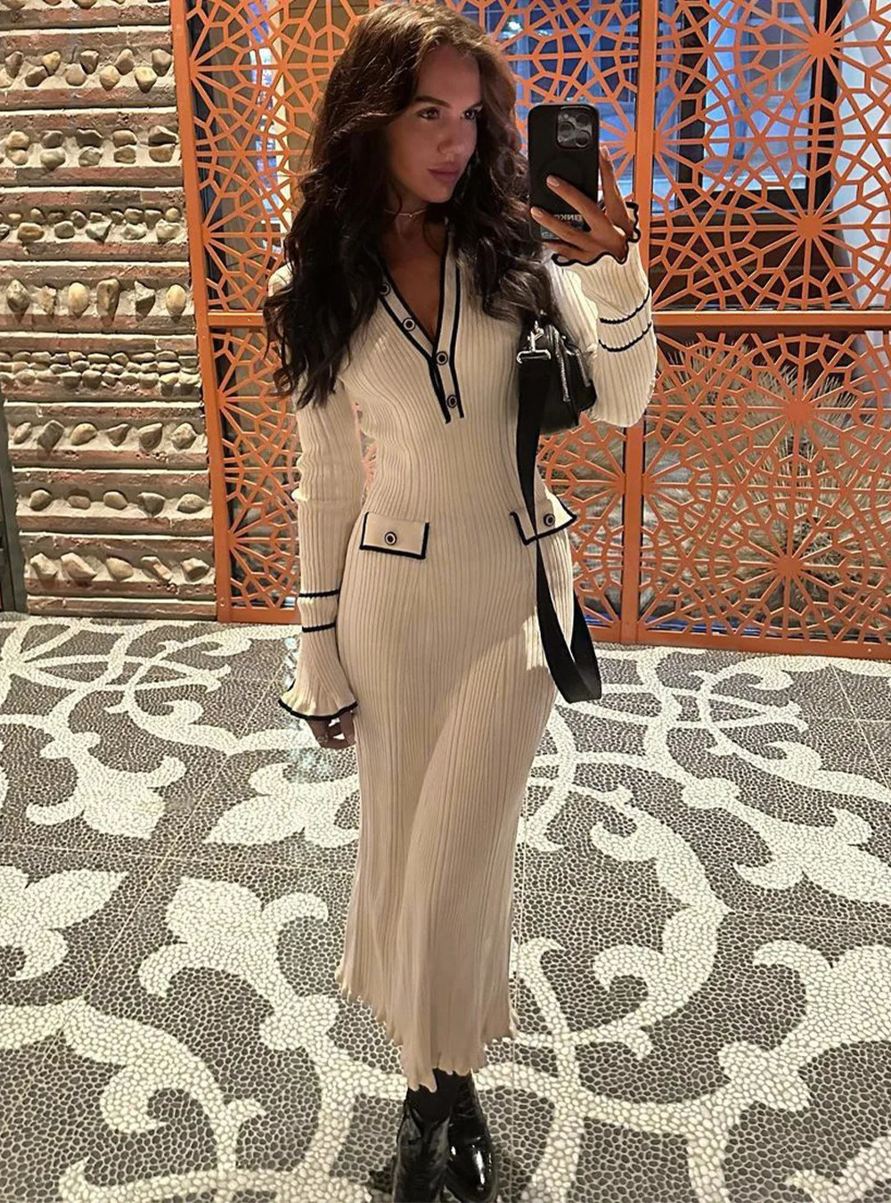 Women Casual Ruffled Knitted Long Sleeve Dress Lapel Buttoned French Slim Long Dress Warm Comfortable Dress Autumn Winter wear 241009