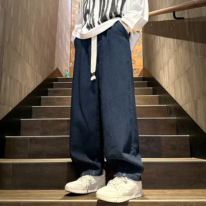 Classic solid color straight jeans casual wide leg denim Trousers autumn hiphop mens streetwear bag jogging 240929