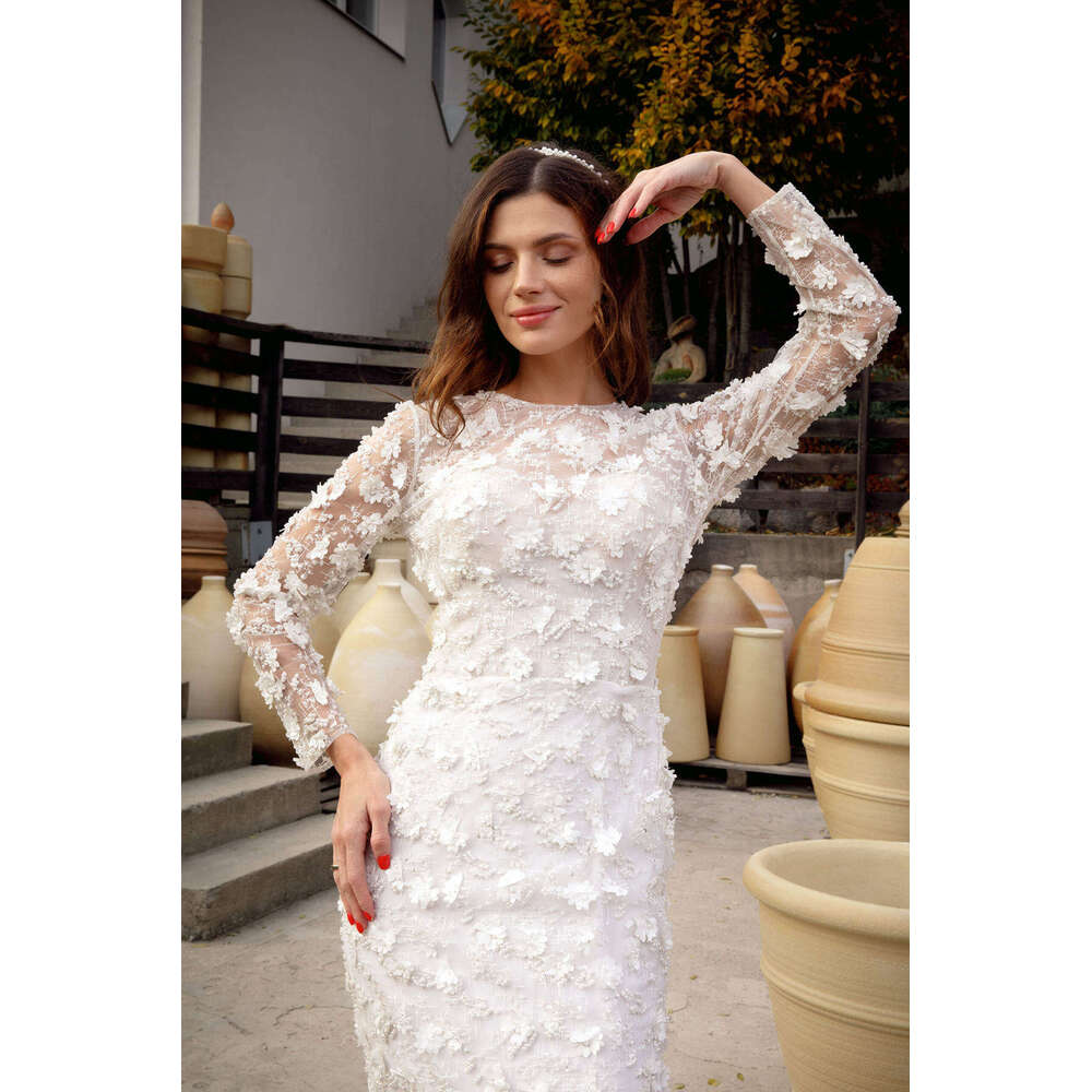 Elegant Wedding Dress Mermaid O-Neck Pearls Appliques Lace Long Sleeve Princess Bride Vestido De Noiva Custom Made