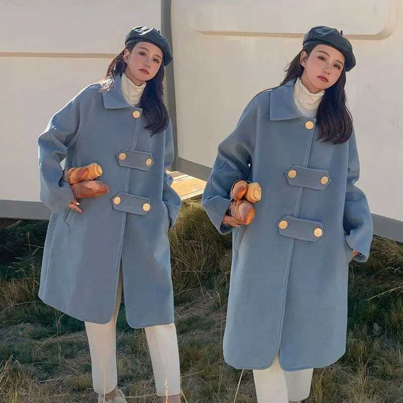 Woolen Coat With Large Button Lapel Design Haze Blue Solid Color WomenS Mid-Length 2024 Winter New Woolen CoatX241009