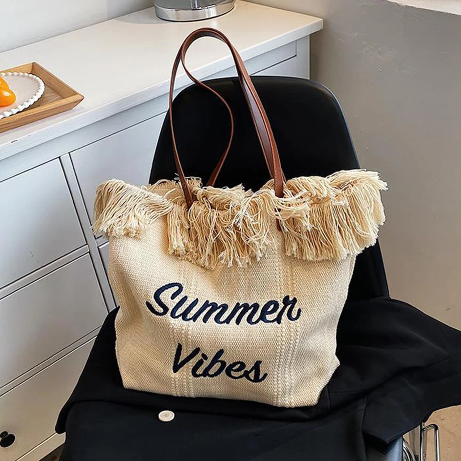 Fashionable large capacity letter embroidered edge canvas handbag portable commuting and shopping shoulder bag 241008