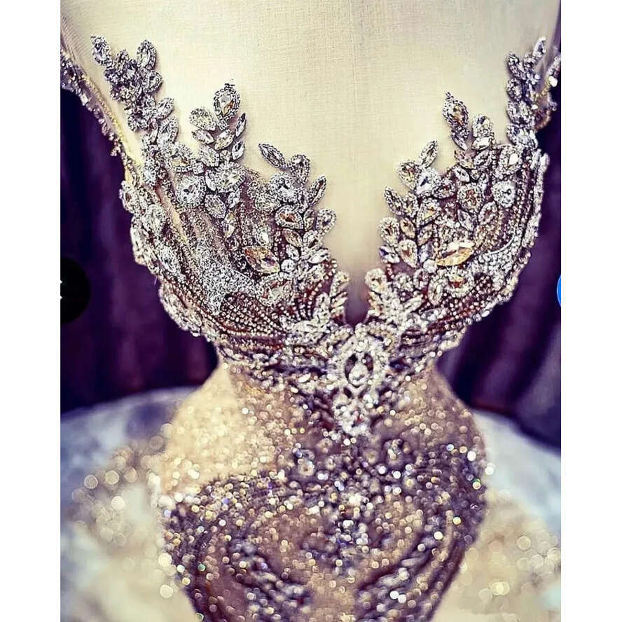 Dresses Mermaid Champagne Sexy Crystal Beads Sequin Lace Sweep Train Wedding Dress Real Picture Sheer Cap Sleeve Bridal Gowns Bc