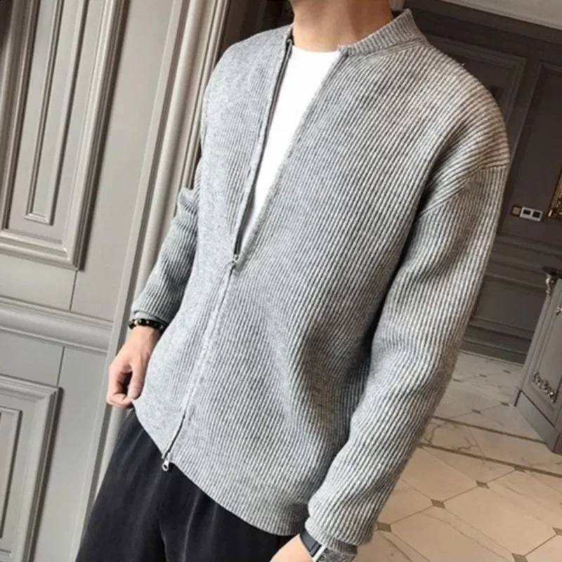 Mens hoodless knitted cardigan mens zipper solid color Harajuku aesthetic Y2k Korean clothing jacket top 241007