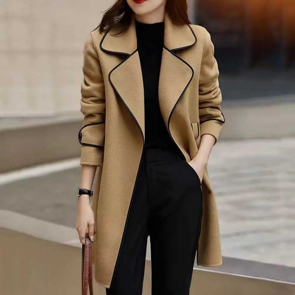 Stylish Women Outerwear Elegant Long Sleeves Autumn Winter Slim Fit Open Stitch Woolen Coat Ladies Jacket StreetwearX241009
