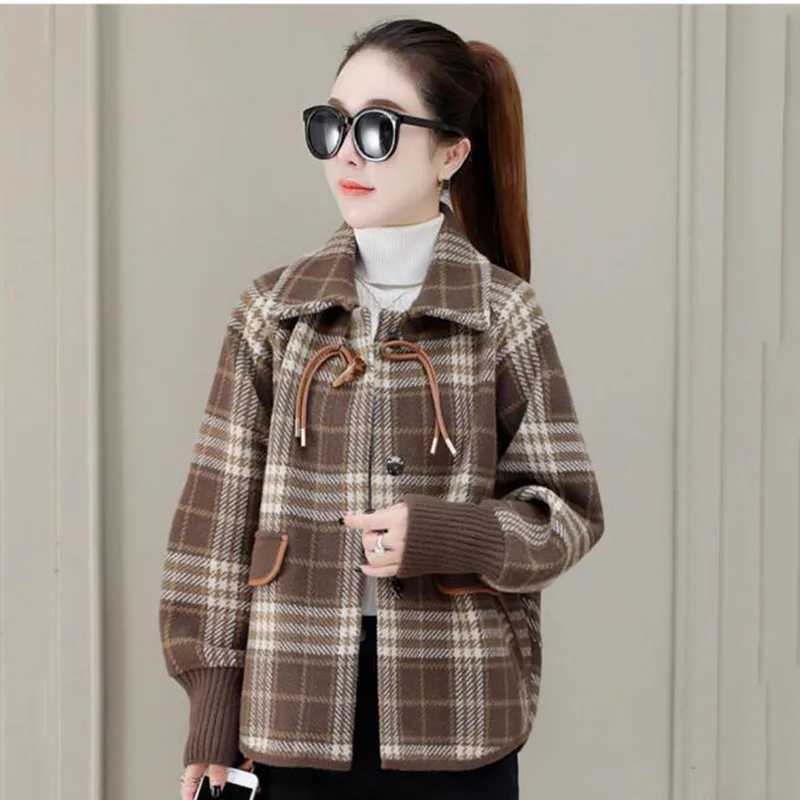 Join Together Womens Woolen Coat 2024 Spring Autumn New Korean Loose Short Jacket Plaid Outerwear Fashion Wool Coats Lady 4XLX241009