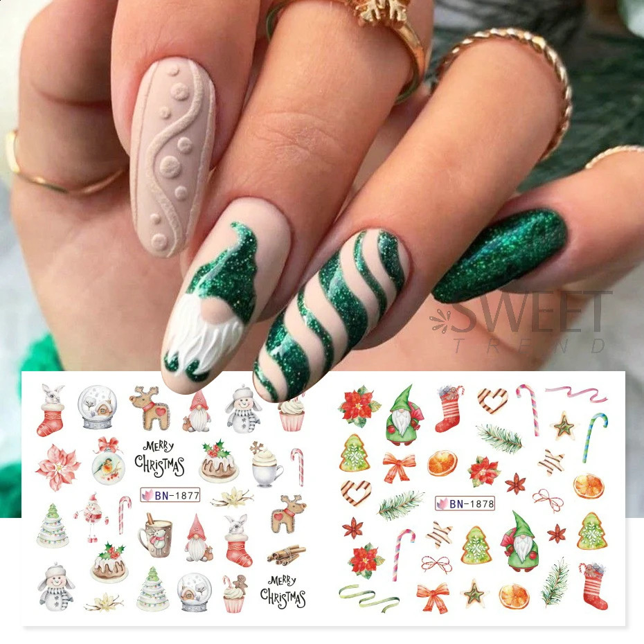 12 Christmas Happy Waternail Stickers Gonk Elk Cookie Snowflake Celebration Ball Sliders Winter Year Handmade Decorative Foil 241008