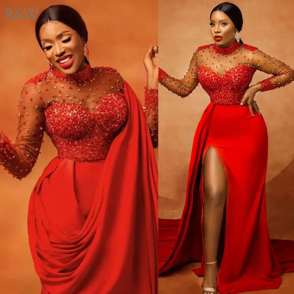 R&W 2024 Plus Size Aso Ebi Prom Dresses for Black Women Promdress High Neck Illusion Long Sleeves Side Split Beaded Birthday Party Dress Second Recept