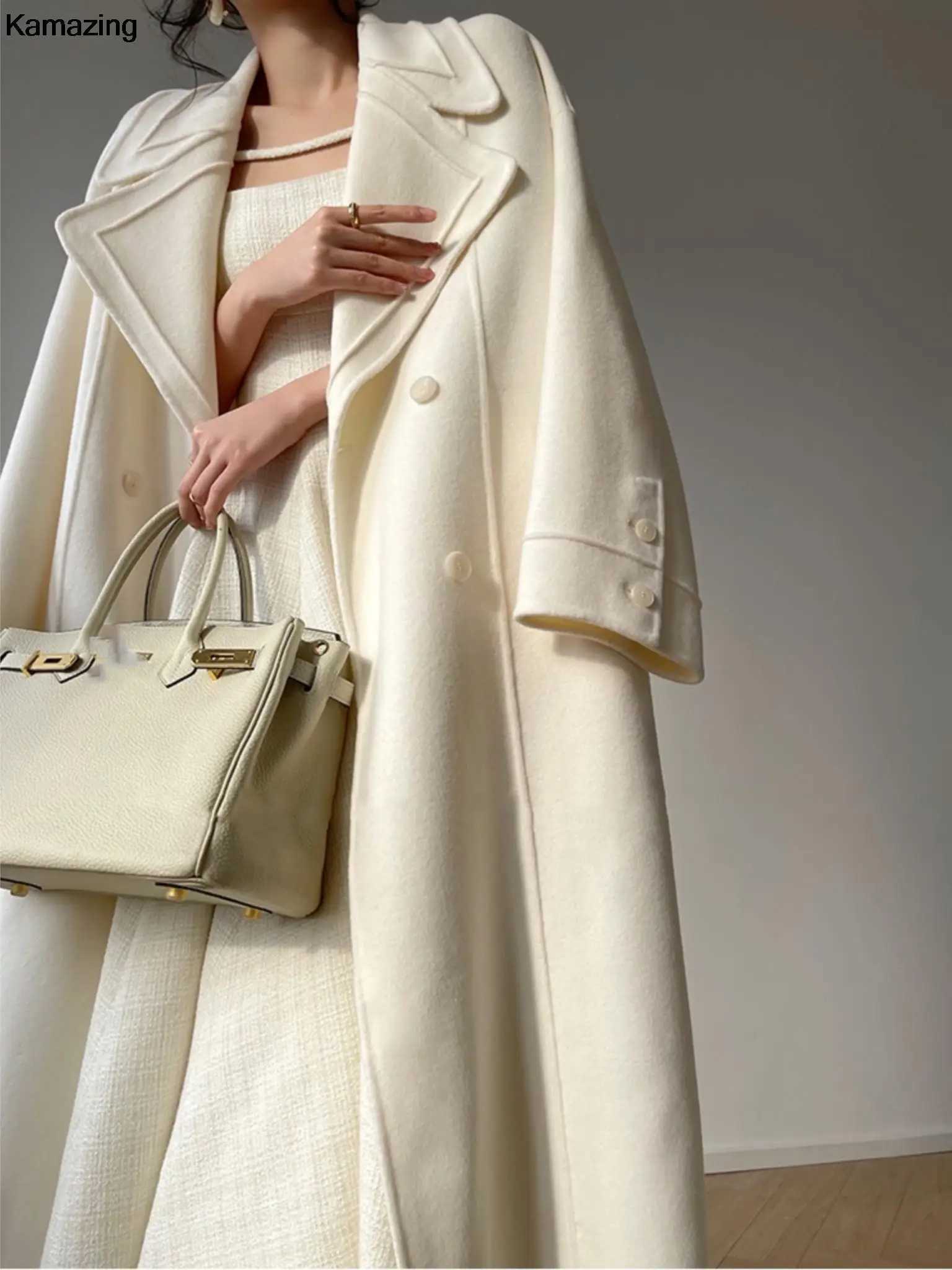 Elegant Woolen Long Coat Women New Fashion High Quality Spring Warm Solid Double Breasted Lapel Overcoat With Belt Female MujerX241009