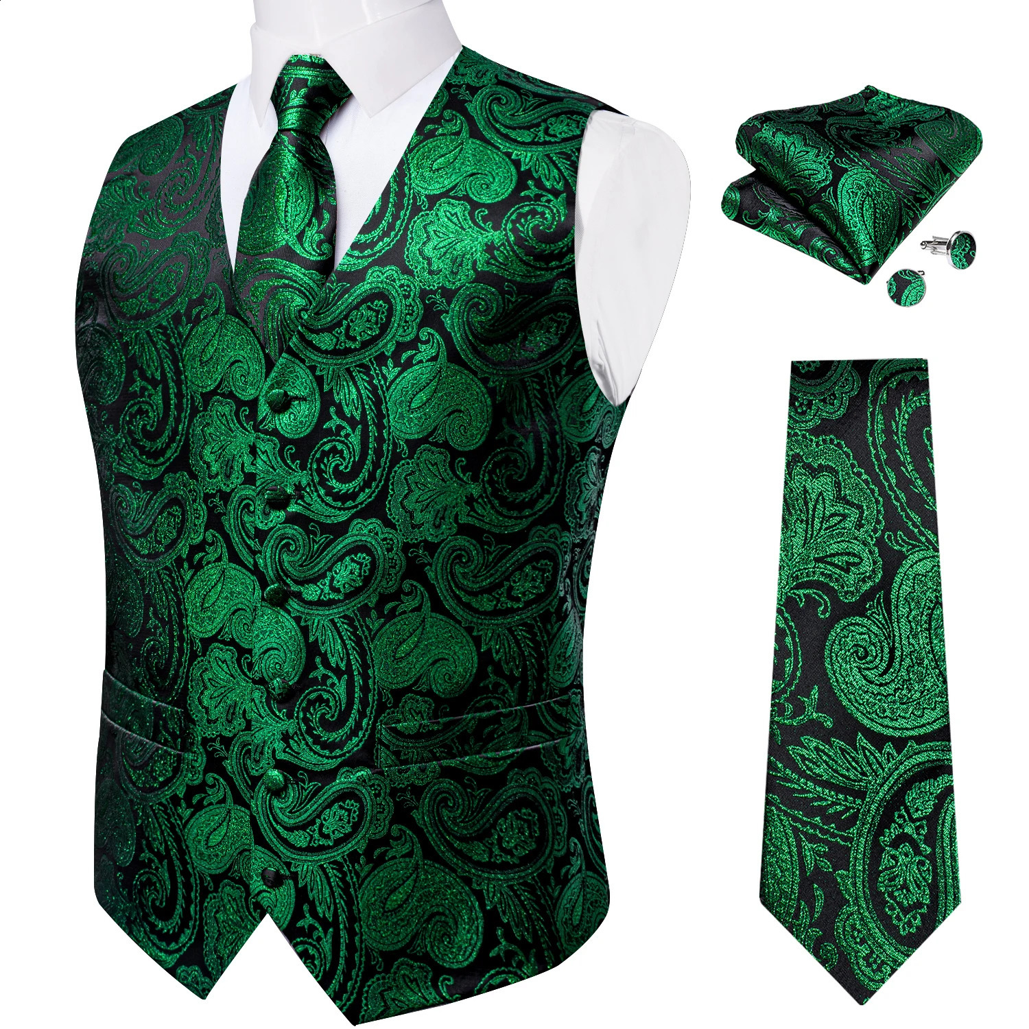 Mens green suit vest y silk collar tie pocket square cufflinks wedding party DiBanGu men 241009