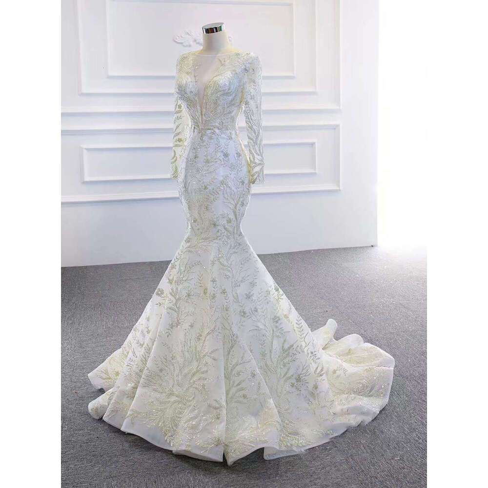 Wedding Gorgeous Dresses Mermaid O Neck Sequined Detachable Train Long Sleeve Princess Bride Dress Vestido De Novia Custom Made